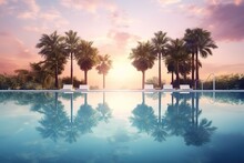 A Tropical Setting Consisting Of A Swimming Pool And Palm Palms In The Backdrop Generative AI