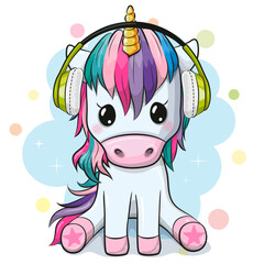 Wall Mural - cartoon unicorn with headphones on a white background
