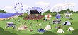 © Paper Trident - Music festival with outdoor stage, relaxing people. Open-air event, summer fest in public park, nature. Concert, picnic with tents and food trucks, landscape panorama. Flat vector illustration