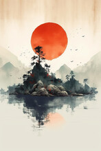Japanese Art, Minimal, Watercolors. Japanese Tradition And Culture. Japan. Asia. Ai Generated Illustration