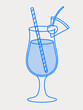 Pina colada cocktail with a straw, cherry, and pineapple wedge. Line art, retro. Vector illustration for bars, cafes, and restaurants.