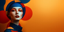 Crazy Art Nouveau 20s Fashion Women On Orange Color Background With Copy Space, Fictional Person Created With Generative Ai