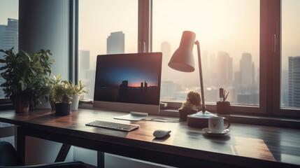 Minimalist Workspace Desk with PC. An Empty Desk with Only a Computer and a Captivating City Skyline in the Background. AI Generative.