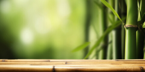 Empty wooden product display table with oriental bamboo background. Generative ai