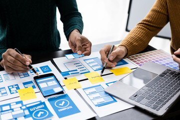 Brainstorming app ideas, creative web design planning and development templates for mobile projects working together in the office.