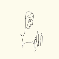 Sticker - Woman with a candle in a modern single line art style. Human hands holding a memory candle in the hands. Continuous one line drawing of hope family female fire home logo
