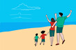 © Naufal Wibisono - Family on summer vacation concept for outdoor activities and summer travel topics. Parents couple and kids walking on beach, going to bath in sea water leisure