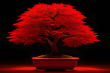 Red Bonsai Tree In Pot, Generative AI