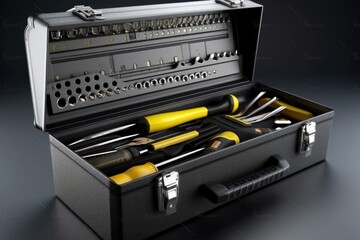 Open plastic tool kit box with construction and various hand tools. created with Generative AI technology