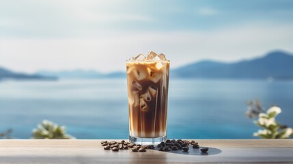 Iced cold coffee at the beach bar with blurred tropical seascape in the background, Generative AI