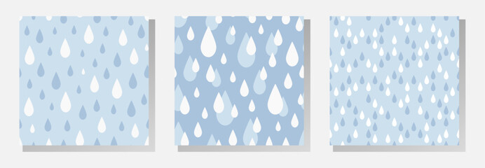 Wall Mural - Abstract white and blue raindrops on blue background. Vector seamless patterns collection.