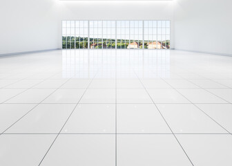 3d rendering of white empty space in room, ceramic tile floor in perspective, window and ceiling str