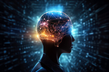 Generative AI Illustration of a humanoid in profile on a blue futuristic background with the brain illuminated by flashes of the neural connections between its human part and its robotic part