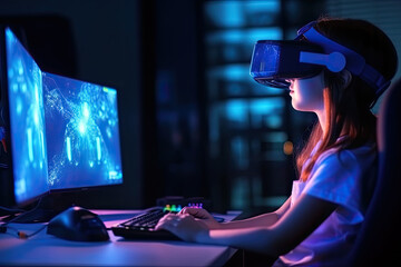 Generative AI Illustration of a girl with VR glasses looking at her computer screen in a dark room illuminated only by blue light reflected from the computer