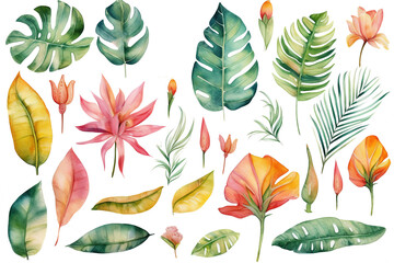 watercolor painting of tropical leaves,Generative AI
