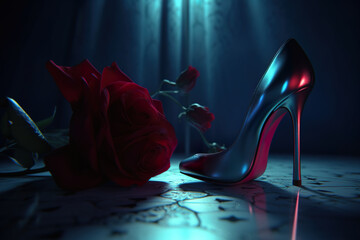 Canvas Print - Black tango shoes, high heel stilettos on a black background decorated with rose flower. Dark cyan and red background. Generative AI