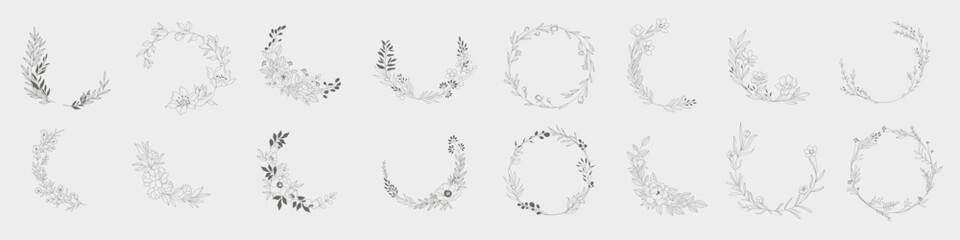 Wall Mural - Hand drawn floral frames with flowers, branch and leaves. Vector illustration set