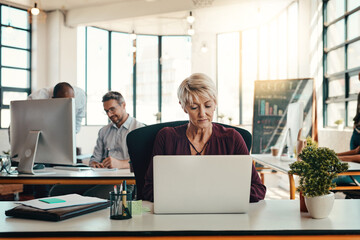 Aufkleber - You wont find a more productive workspace. a mature businesswoman using a laptop in a modern office with her colleagues in the background.