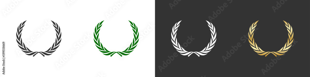 Laurel wreath icon set. Winner triumph symbol black, green and gold ...