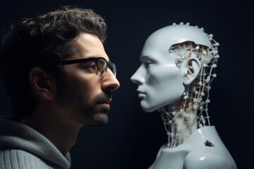 Wall Mural - person looking at a robotic artificial intelligence version of themselves. deep fake. generative ai