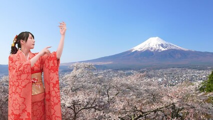 Wall Mural - 富士山 満開の桜と日本舞踊を踊る振袖の女性