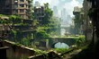 the ruined cityscape covered with green plants. generative AI