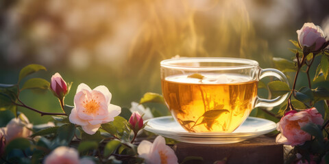 tea and roses. cup of tea on a table in summer garden outdoor. herbal tea and pink rose flowers. gen