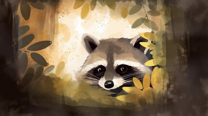 Wall Mural - A cute raccoon peeking out from inside a den Generative AI 