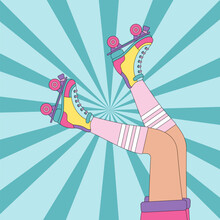 Roller Skates On Woman Legs With Long Socks. Girls Wearing Roller Skates. Female Legs. 80-90s Style Roller Disco Concept. Retro Vector Color Illustration.