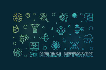 Wall Mural - Neural Network line horizontal colored banner - vector AI Technology linear illustration