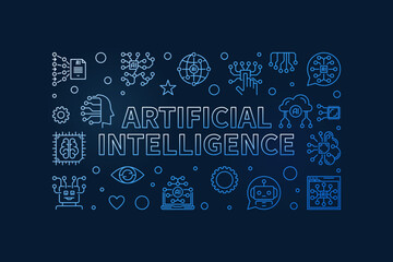 Artificial Intelligence line blue banner. AI Technology vector horizontal illustration