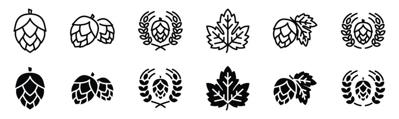 Hop icon vector set. Hops icon with wheat wreath and leaf in thin line and flat style with editable stroke on white background. Beer and brewing sign and symbol. Vector illustration
