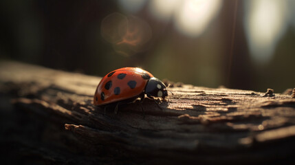 Canvas Print - Ladybug sunbathing on a tree trunk Generative AI 