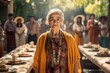 European old lady portrait standing at the of table during outdoors family celebration. Generative AI