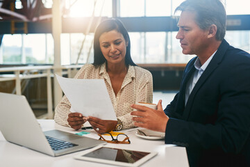 Poster - Working hard to meet their business targets. two businesspeople going through paperwork in an office.