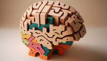 Wood Puzzle In Brain Shape Created With Generative AI Technology