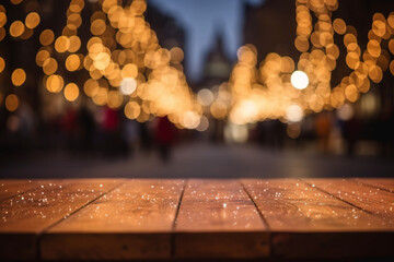 Empty wooden table in front of the restaurant neon lights blurred the bokeh background