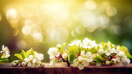 Canvas Print - Blossoms On Wooden Table In Green Garden