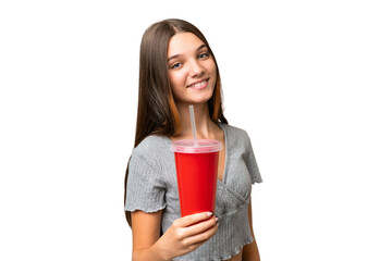 Canvas Print - Teenager caucasian girl holding a soda over isolated background with happy expression