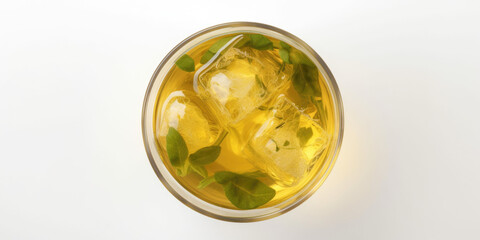 Wall Mural - top view of iced tea with ice cube isolated on white created with Generative AI technology