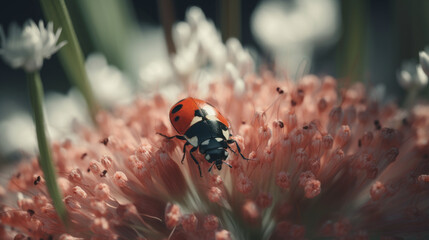 Poster - Seven-spotted ladybug hiding in a flower Generative AI 