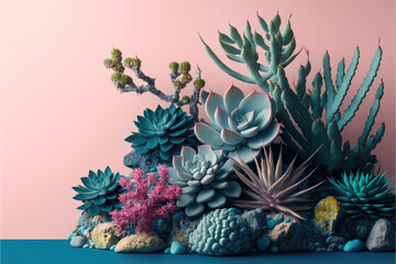 Studio shot of colored succulent plants created with Generative AI technology