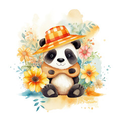 Wall Mural - Cute Panda Summertime Watercolor Png Art For Sublimation Design, Generative AI