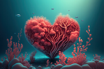 coral heart shape under the ocean created with Generative AI technology