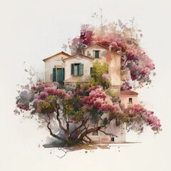 Poster - Watercolor house. Old building and blooming garden. Vintage home and blossom tree, Provence, France or Tuscany, Italy. Generative ai illustration in watercolor style. Cute vintage summer house