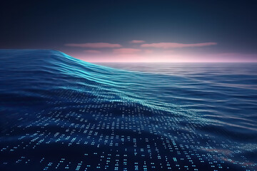 Unlimited ocean of information with waves of binary code at dawn, abstract seascape background