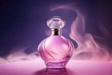Luxury Glass Or Crystal Perfume Bottle With Smoke Waves Background In Pink Purple Theme, Mixed Digital 3d Illustration And Matte Painting, Generative Ai