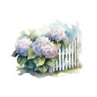 Watercolor fence with hydrangea flowers, garden element. Generative Ai.