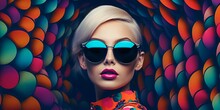 a beautiful high fashion lady with cool sunglasses in front of a crazy multicolored abstract background, fictional person created with generative ai