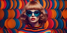 a beautiful high fashion lady with cool sunglasses in front of a crazy multicolored abstract background, generative ai